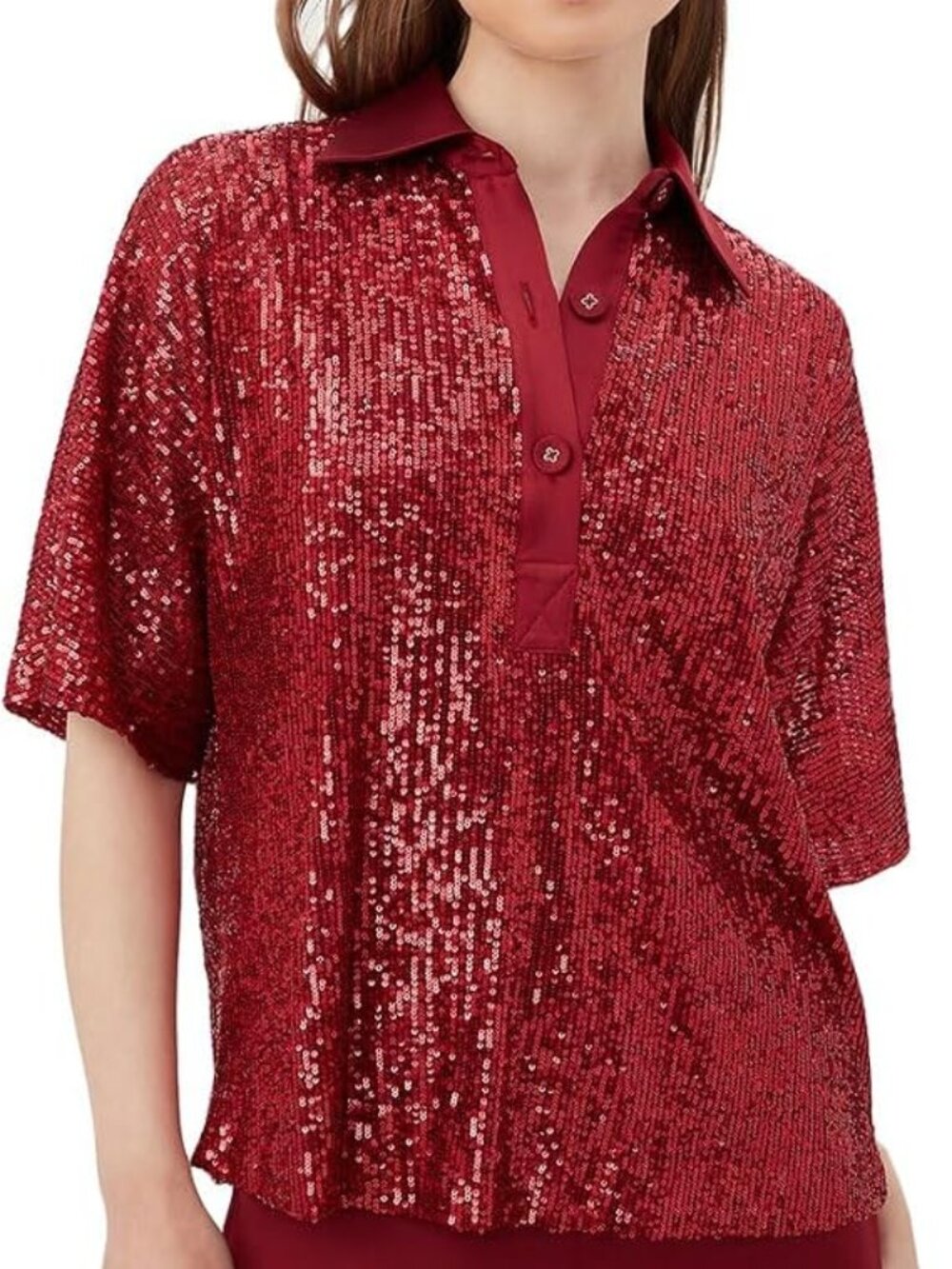 Trina Turk 'Aika' Short-Sleeve Sequin Satin-Trimmed Top, Ruqa Red